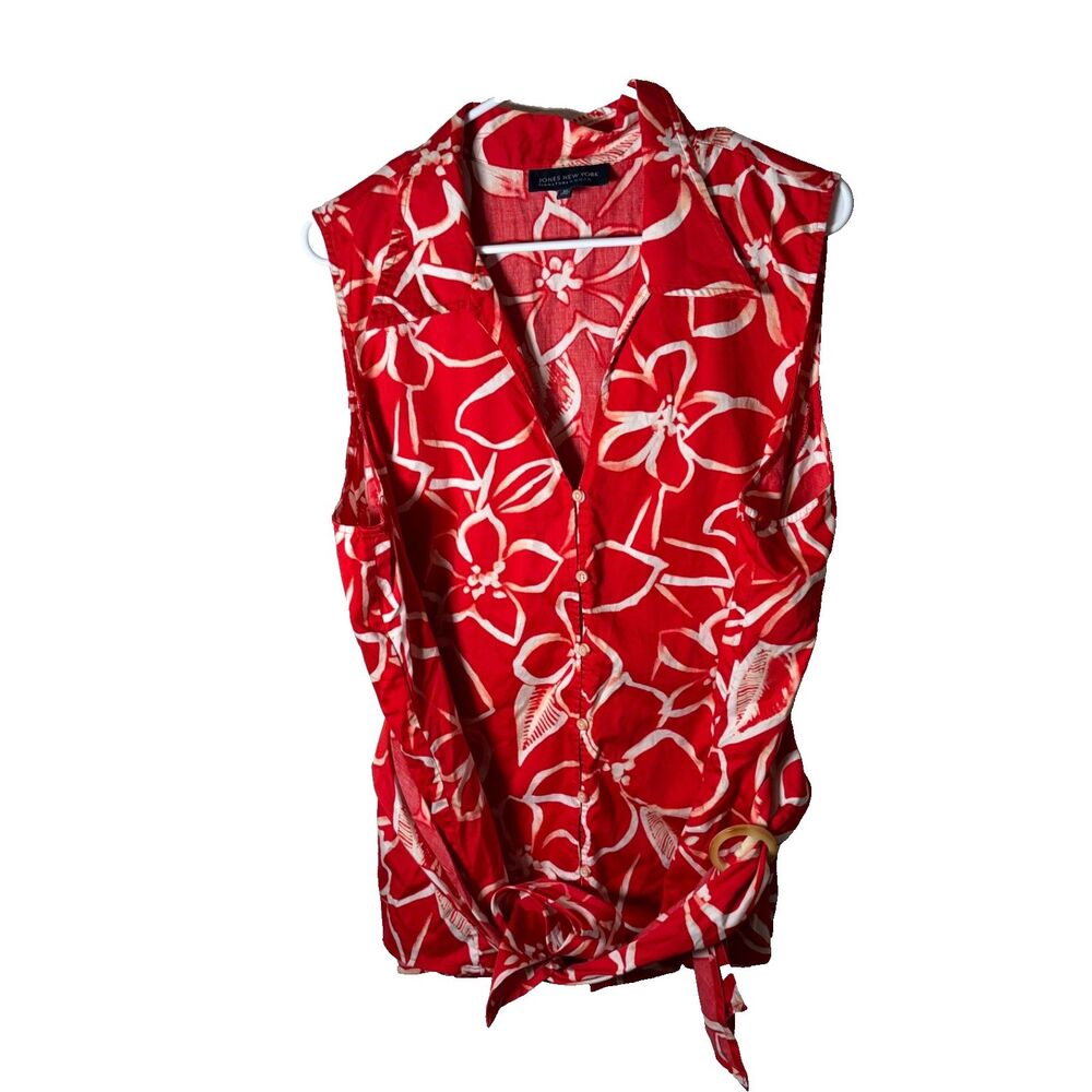 Jones New York Tank Top Women's 3X Red Floral Button Up Belted Collared Shirt